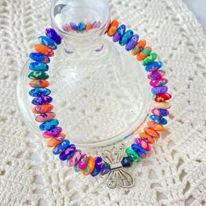 Butterfly Charm Floral Clay Bead Stretch Bracelet